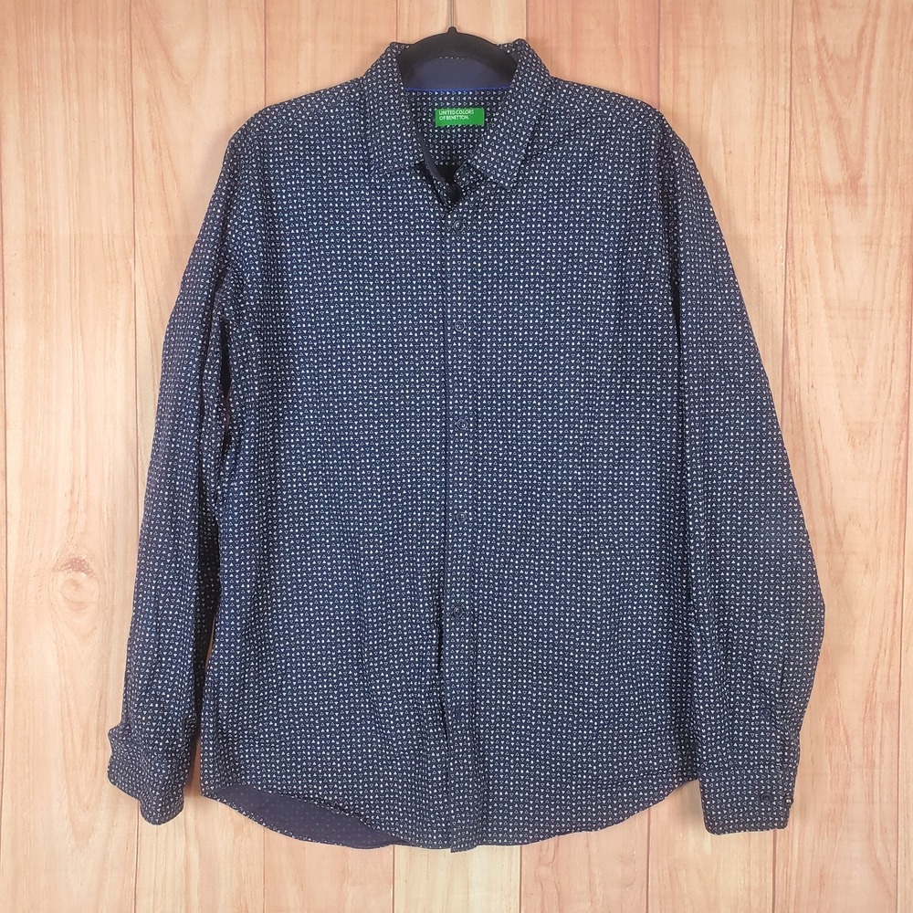 United Colors of Benetton Shirt Mens XL Blue Polka Dot Long Sleeve Button-Up